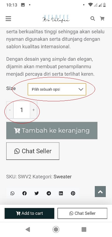 2 pilih size atau ukuran dan jumlah produk yang ingin di order