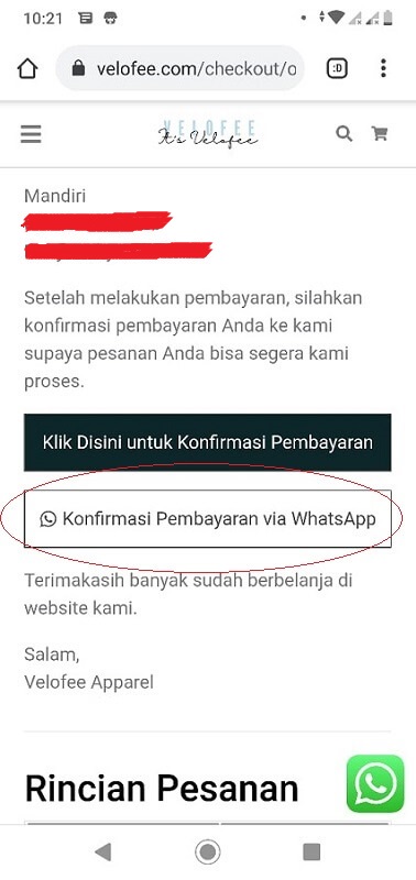 9 klik konfirmasi pembayaran melalui WA agar proses bisa cepat